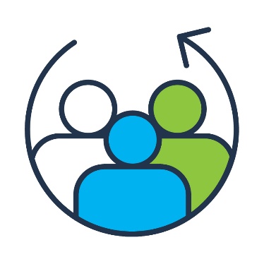 An arrow curving around a group of people.