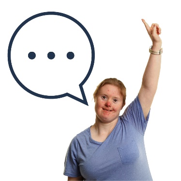 A person with their arm raised next to a speech bubble.