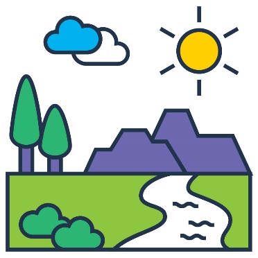 A landscape scene showing trees, the sky, a river and mountains.