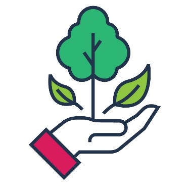 A hand holding a small tree and leaves.