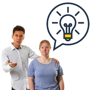 A person supporting someone else. Above them is a lightbulb inside a speech bubble.