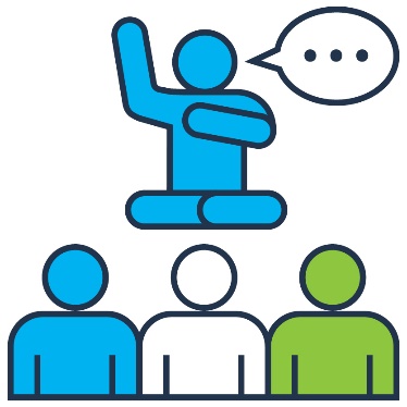 3 people in front of an Elder with their hand raised. Next to them is a speech bubble.