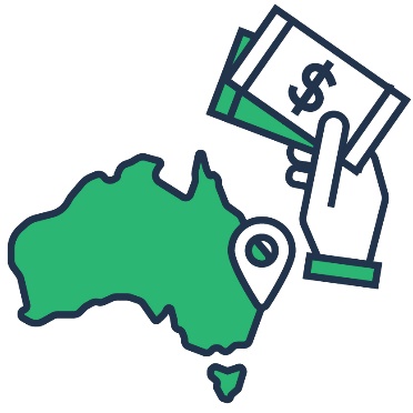 A hand holding money next to a map of Australia with a location pin on Newcastle.