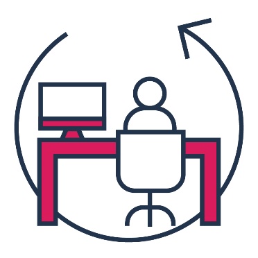 An arrow curved around a person working at a desk with a computer.