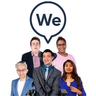 A diverse group of people below the word 'We' in a speech bubble.