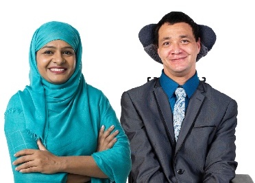 2 people smiling. One has a disability and one is wearing cultural dress.