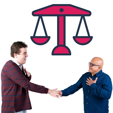 2 people shaking hands next to a justice scales icon.