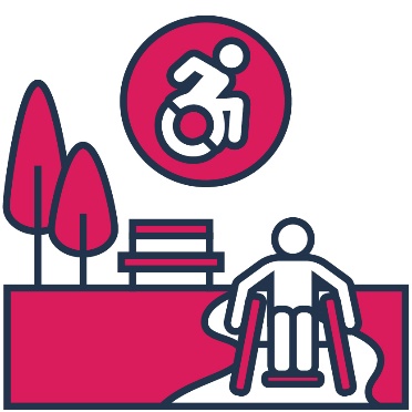 A wheelchair user using a pathway through a park. Behind them are trees and a bench. Above them is a disability icon.