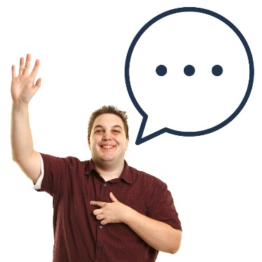A person with their arm raised next to a speech bubble.