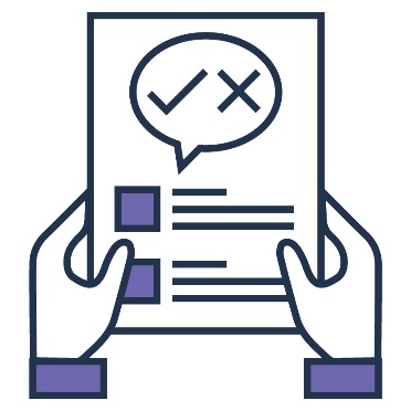 A hand holding an Easy Read document. On the document is a tick and cross inside a speech bubble.