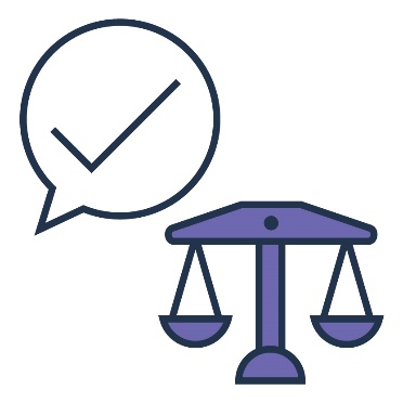 A tick inside a speech bubble and a justice scales icon.