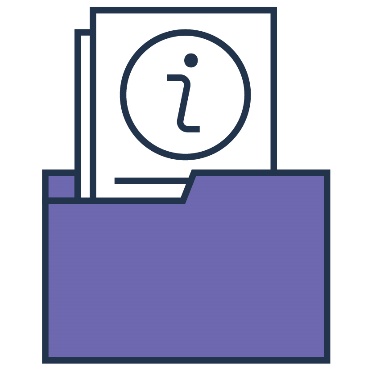 A folder with documents in it. On the documents are information icons.