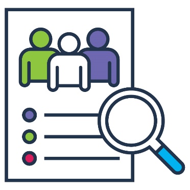 A magnifying glass next to a document with 3 people on it. Below them is a list.