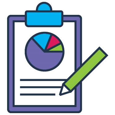 A pencil writing on a document on a clipboard. On the document is a pie chart.