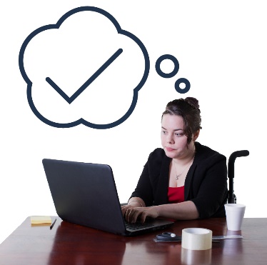 A tick inside a thought bubble next to a person using a laptop.